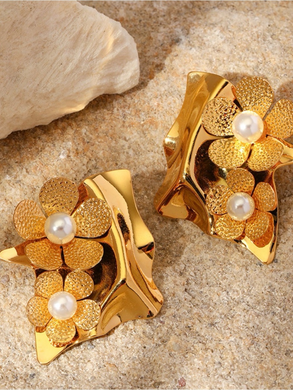 18k Gold plated oversized Floral Pearl Accent Statement Earrings - Women Jewelry